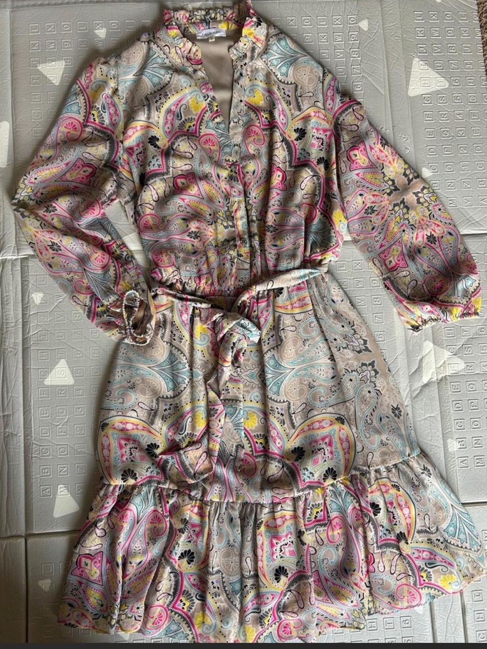 Calvin Klein Paisley Ruffle Mini Dress in Pink, Blue & Cream